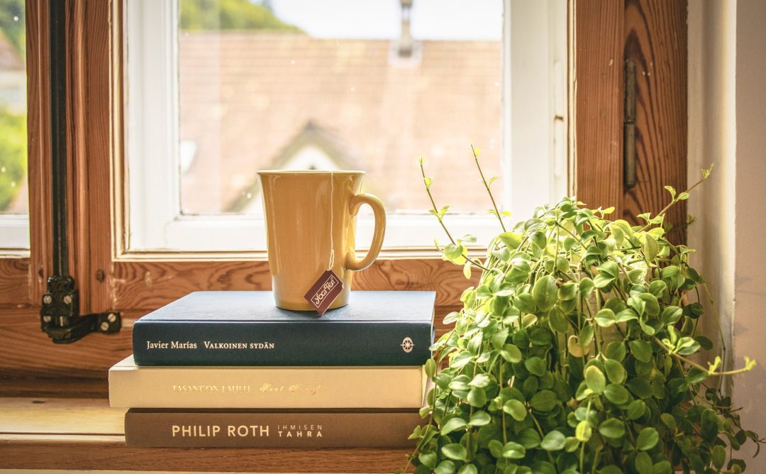 books on a windowsill, plant, yellow coffeecup, natural light