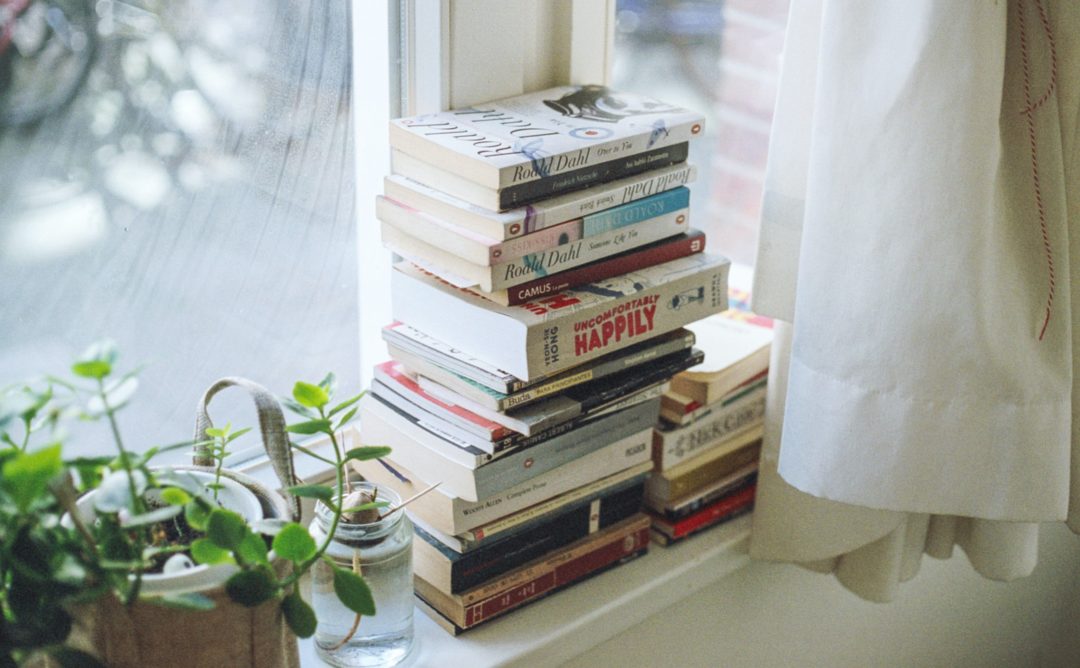 This image is of a stack of books in front of a window. There are plants to the left of the books.