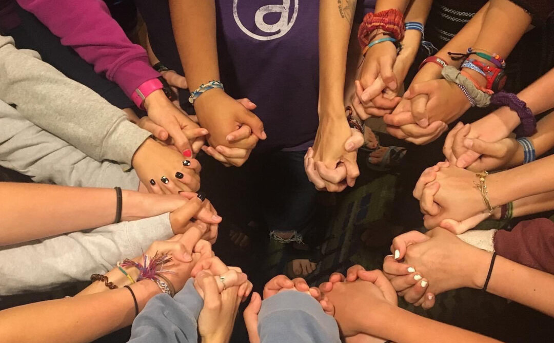 This picture is of a group of people standing in a circle holding hands. The photo just shows the hands and arms.