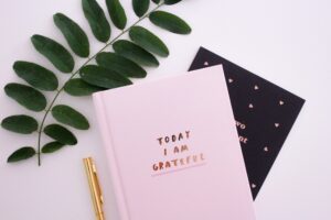 This is a picture of a light pink notebook that says “Today I am grateful” in gold font on the front. There is a black and white polka dotted notebook behind it, and a gold pen to the left of the pink notebook. There is a stem with green leaves at the top of the picture. It represents a way to practice having an attitude of gratitude.