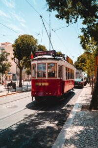 This a picture of a red and white streetcar on a street. On either side are trees and a few buildings behind those. 