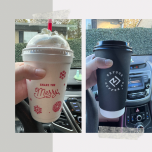 This is photo collage on a background of gray and white. On the left is a picture of a peppermint milkshake from Chick-fil-a. The cup is white with red snowflakes and it says “Share the Merry”. You see white whipped cream and a red straw at the top. It is taped to the background at the top. On the right is a picture of a black to-go coffee cup that says “Refuge Coffee Co.”. It is taped the background at the bottom. These are two things I tasted this week that I am thankful for. 