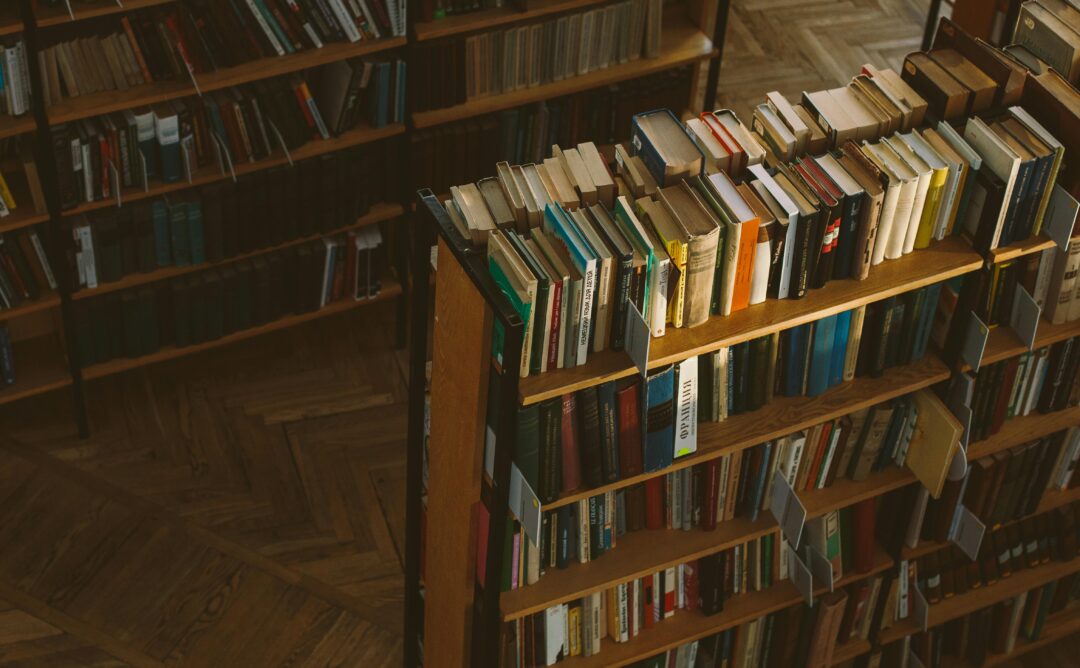 This is a picture of a variety of books on shelves in a library. The lighting is dim and the photo is taken from above the room.